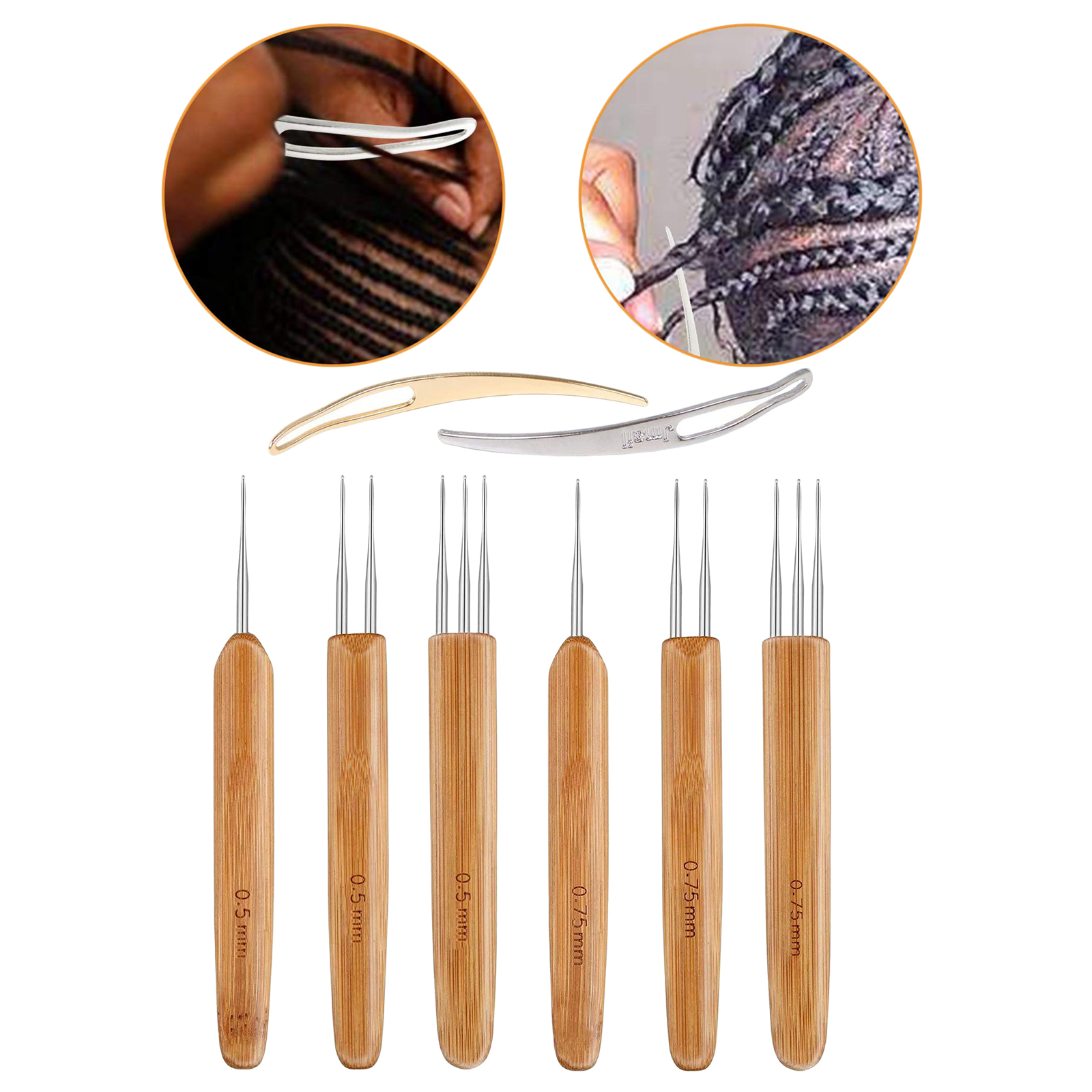 8x Dreadlock Crochet Needle Hook Bamboo Handle Hooks Hair Braiding Tool