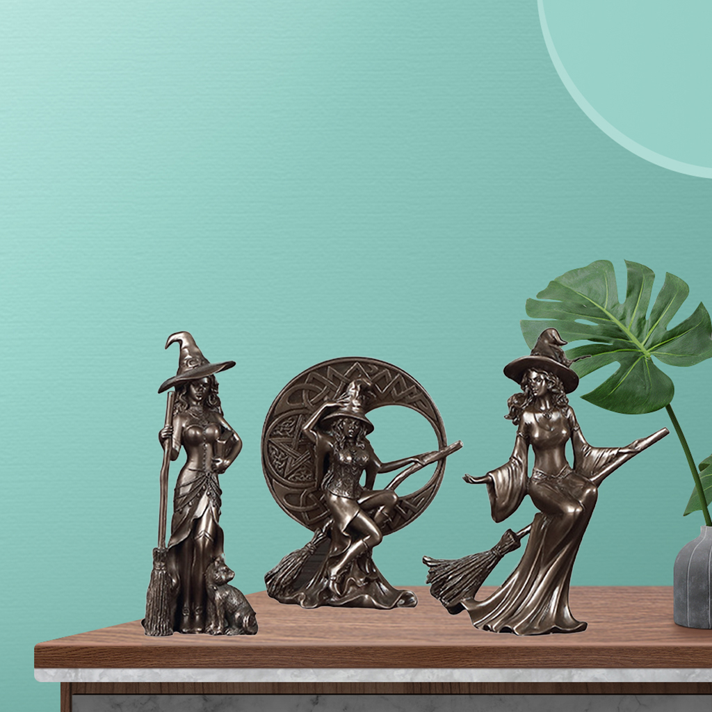 3Pcs Resin Cast Bronze Western Art Nordic Witch Figurines Novelty Characters Wizard Sculpture Home Office Statue Housewarming