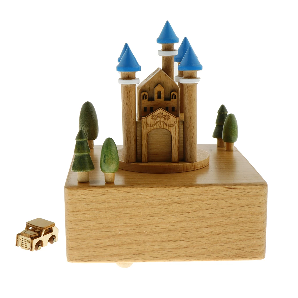 Blue Castle - Wooden Musical Box Classical Melody, with a Small Moving Car, Gift for Kids Family and Friends