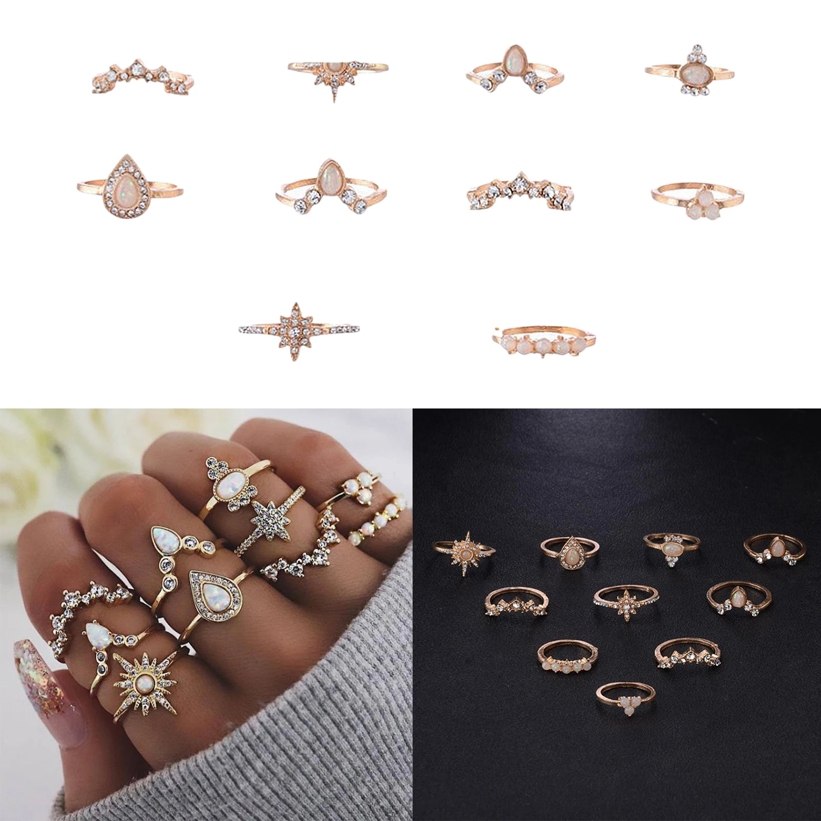 Set of 10 Rings Boho Knuckle Fashion Vintage Retro Crystal Thumb Mid Stack Jewelry