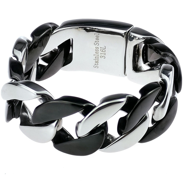 エナメルVロゴブレスレット Men Woman 316L Stainless Steel & Black Tone 24mm Solid Miami