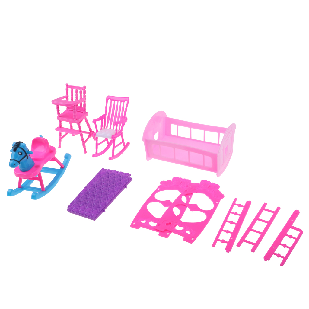 Pink Baby Rocking Bed + Baby Dining Chair + Rocking Horse + Baby Rocking Chair Nursery Room Accessory for Dolls House