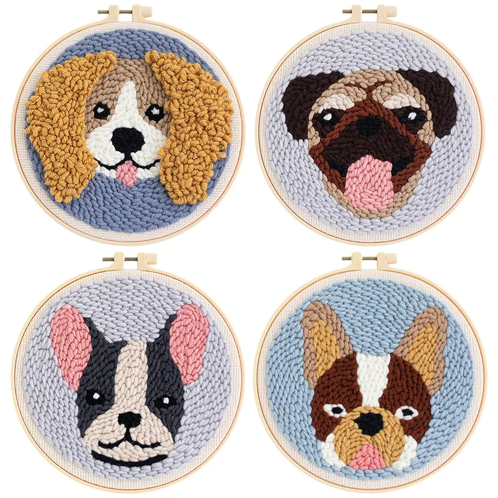 Animal Dog Pattern Punch Needle Embroidery Kit with Yarn for Beginners Easy Embroidery DIY Needlework Wool Work Home Decor