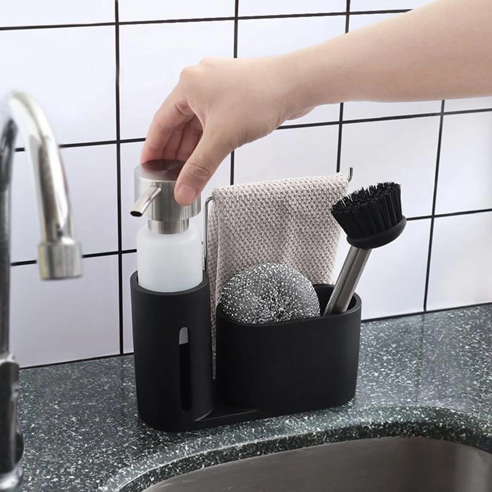 Kitchen Cleaning Kit Soap Dispenser Detergent Press Bottle Steel Wire Ball Dishwashing Pot Brush Rag Storage Rack Set