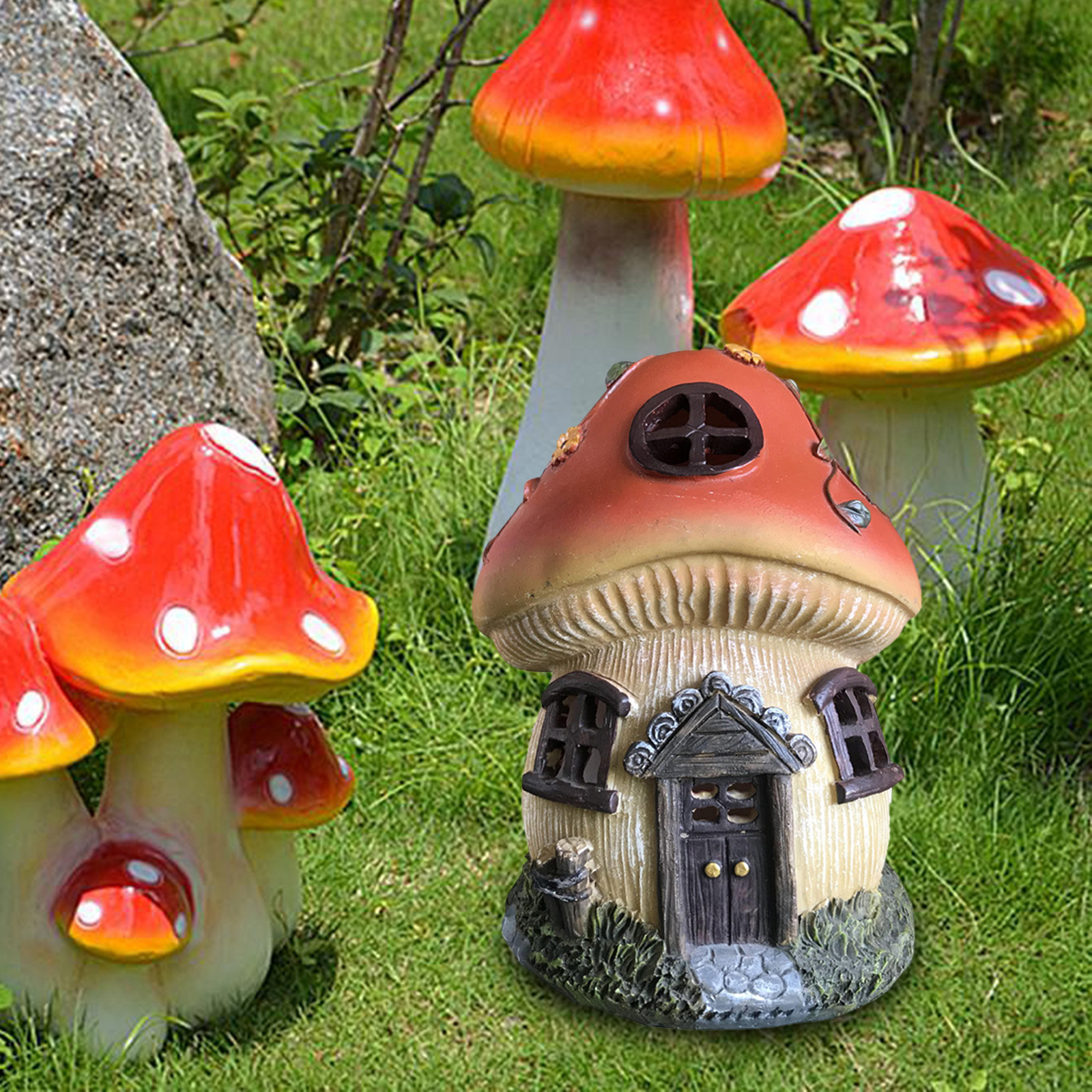 Resin Mushroom House Statue, Decoration, Rustic Indoor Outdoor Beach Yard, Room Home Decor, Yard Garden