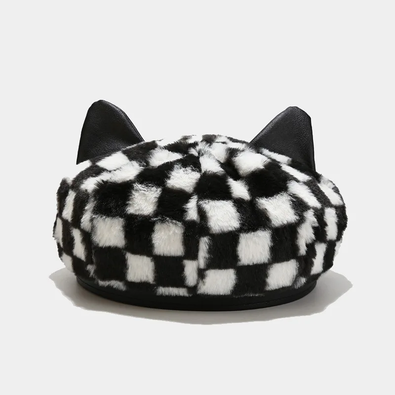 Beret Autumn and Winter Checkerboard Hat Japanese Cute Cat Ears Black and White Plaid Painter Hat Popular Women's Hat red beret men