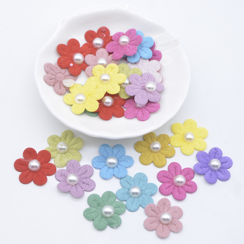 40 Stück 20 mm mehrfarbige handgefertigte Blumenapplikationen mit Perle für Kleidung, Scrapbooking, Zubehör, Patches, Basteln, Dekor, Zubehör – Detail 1
