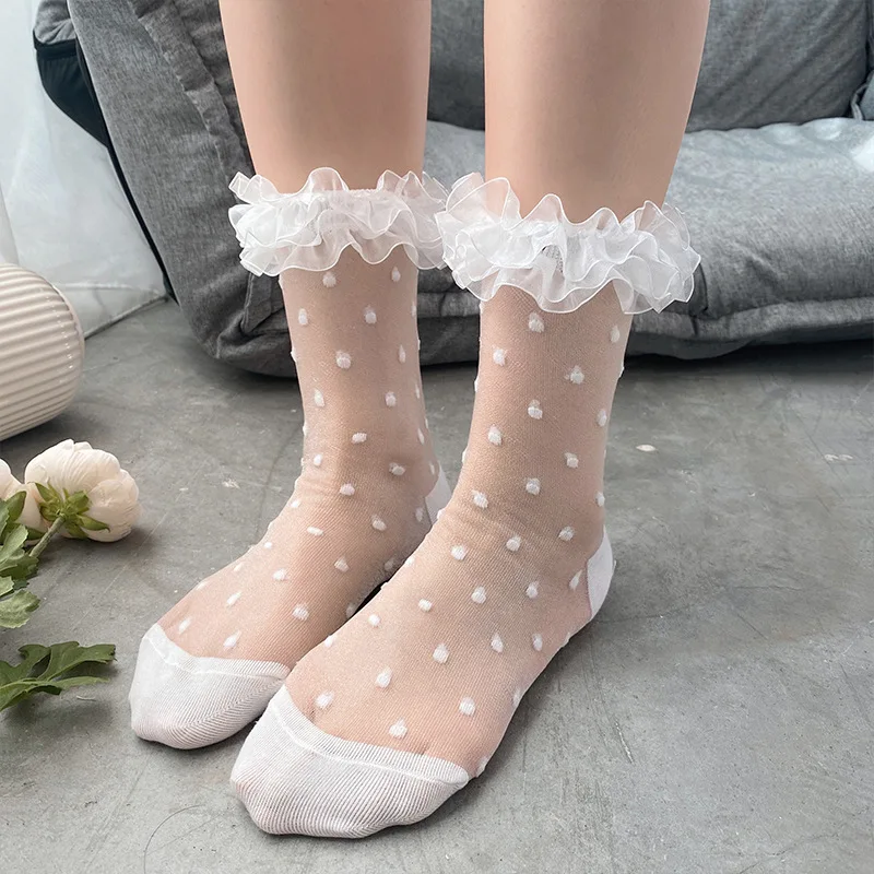 Lolita Women Invisible Transparent Ankle Lace Embroider Crystal Glass Silk Socks 