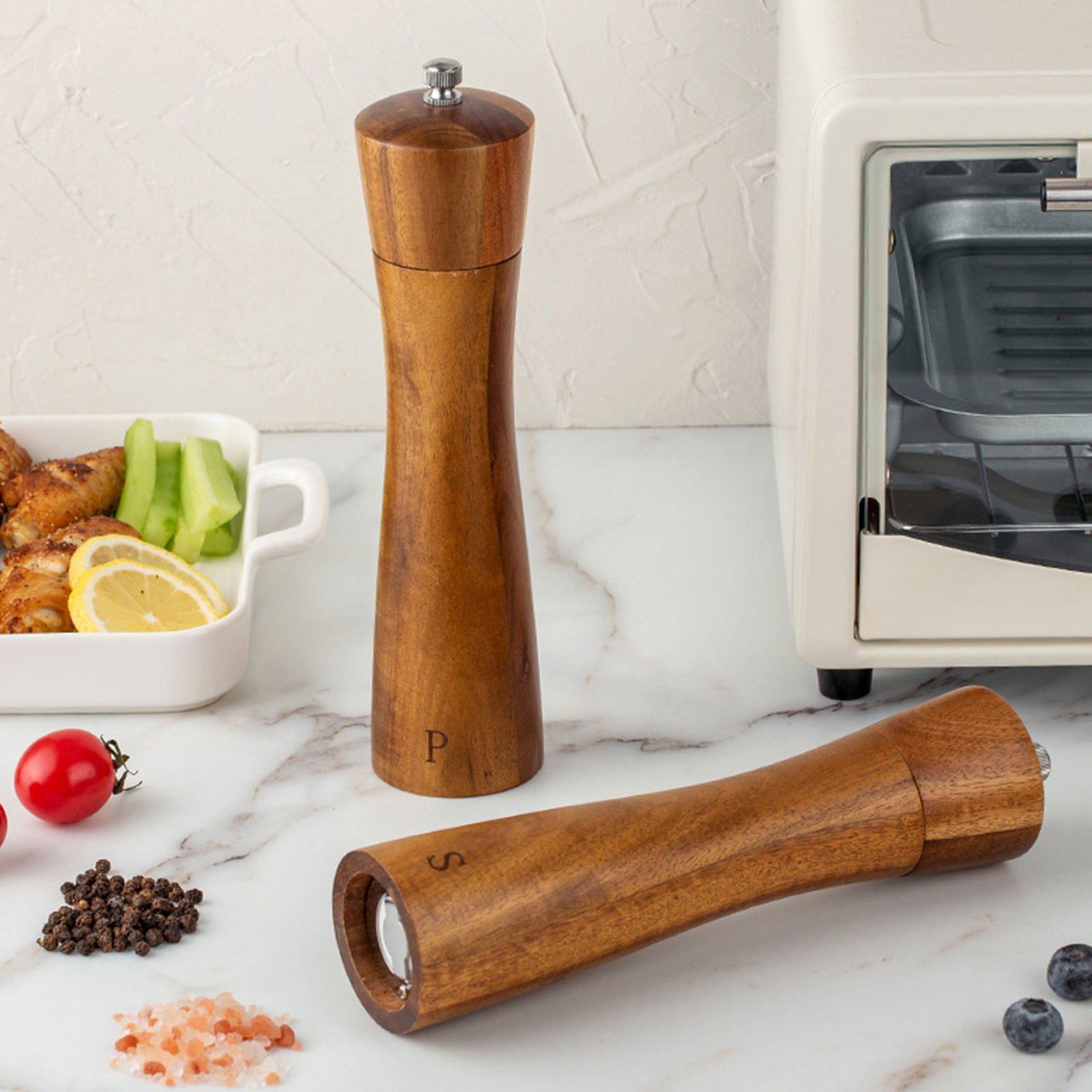 Wood Salt and Pepper Grinder Set Mill Wooden Salt Grinder Refillable with Adjustable Coarseness Fine to Coarse