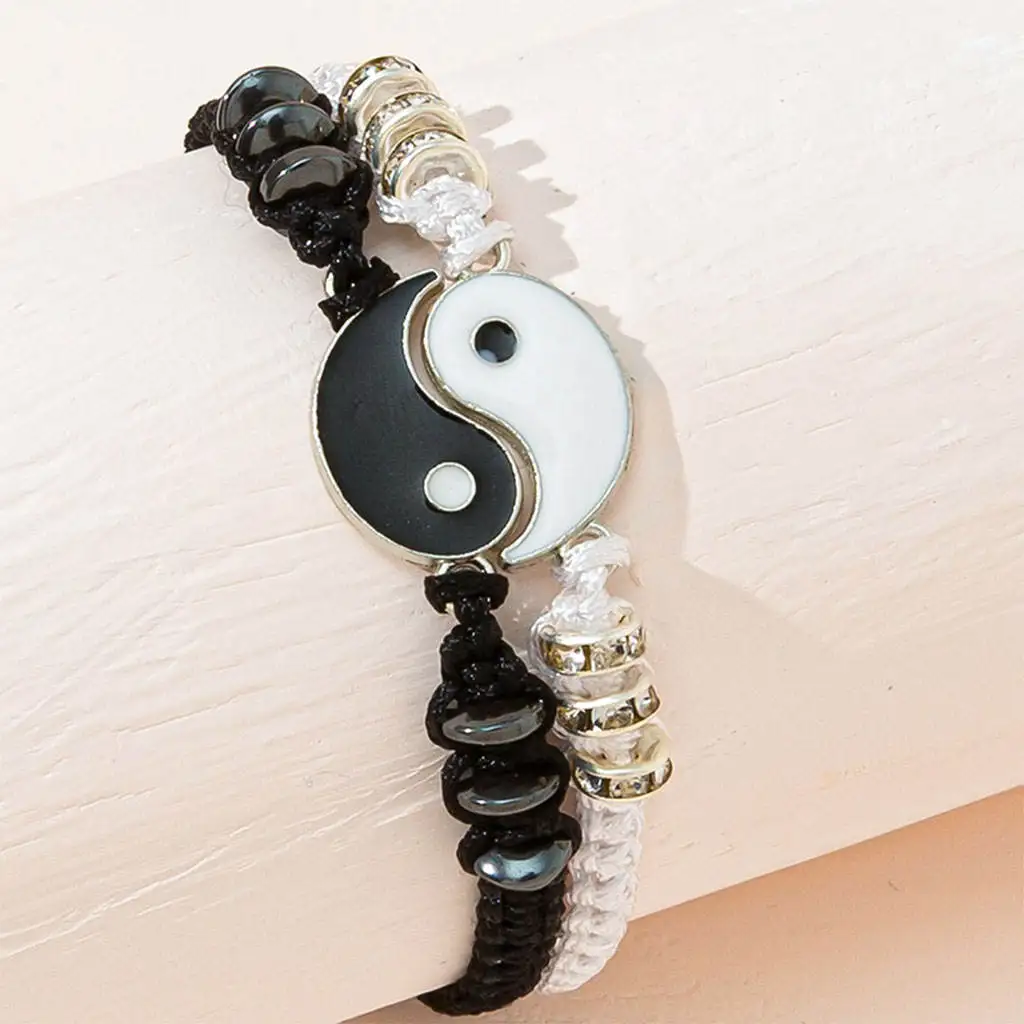 2x Braided Bracelet Hand Woven Charm Dainty Matching Creative Adjustable Yin-Yang Simple Delicate Set for Christmas Day Women