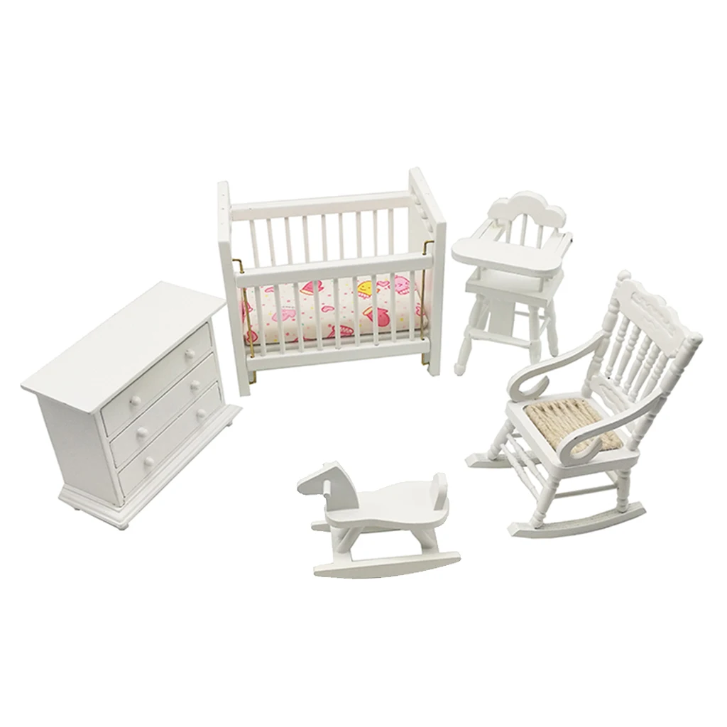 5pcs 1/12 Mini Wooden Rocking Horse +Crib Set for Dollhouse Model Accs