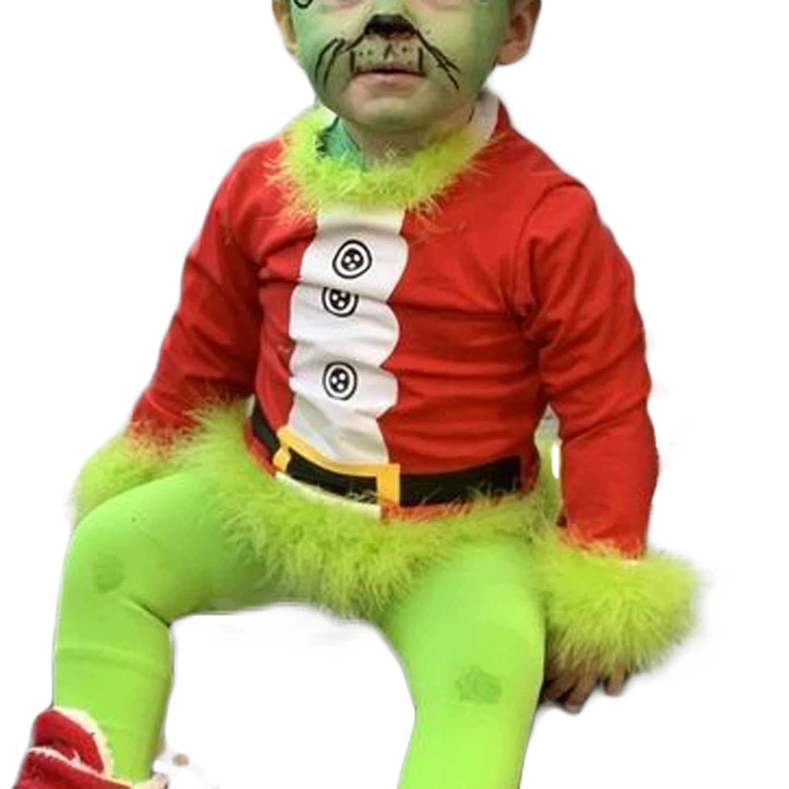 2Pcs Toddler Baby Green Furry Grinch Outfits Long Sleeve Top+ Long Pants Santa Claus Clothes Xmas Party Dress Up Cosplay Costume beautyful kid suit