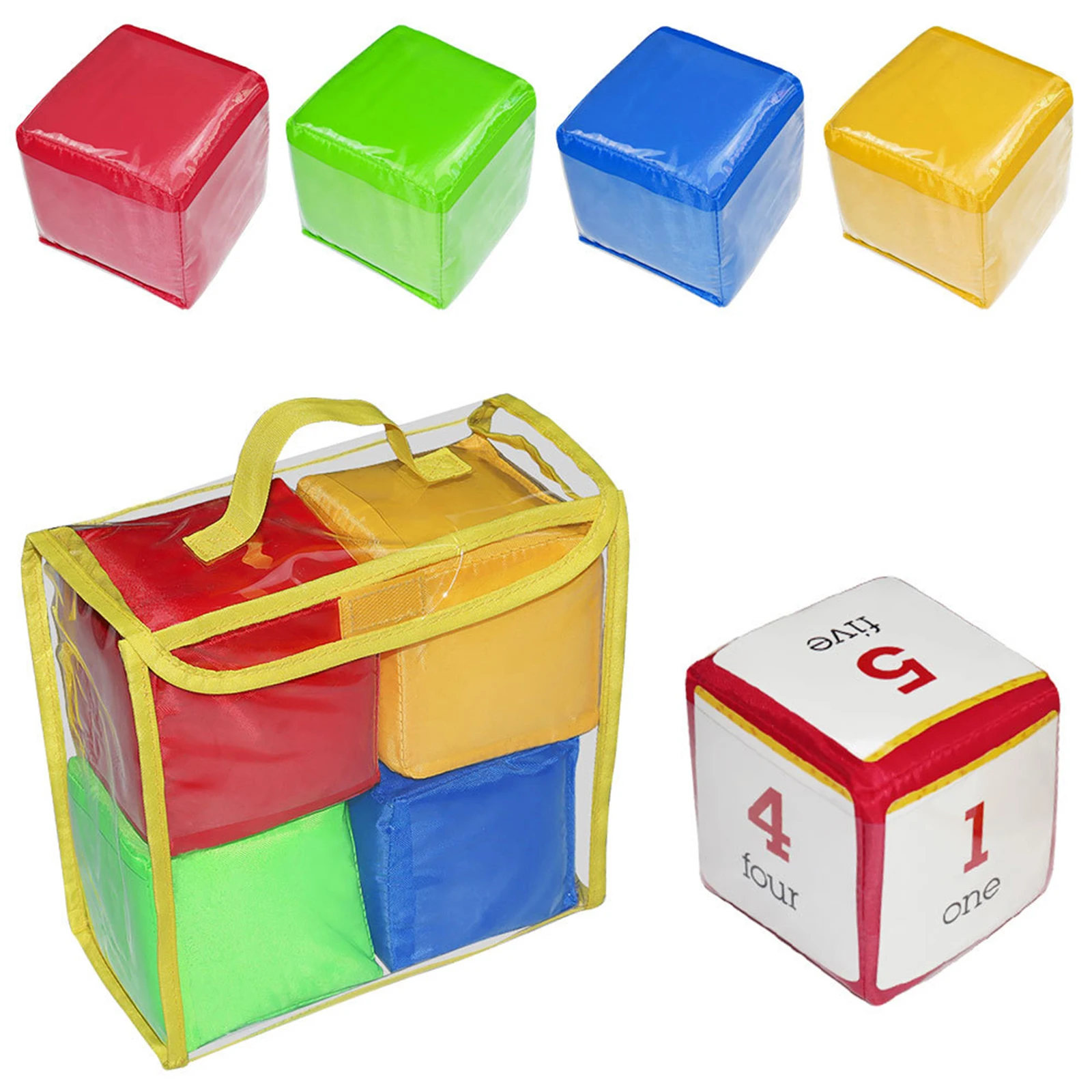 4x 10cm Playing Game Dices Set Soft Foam Cubes with Clear Pockets Customizable Learning Cubes