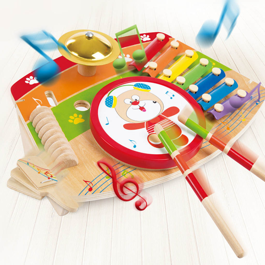 5-in-1 Wooden Musical Instrument Drum Piano Gong Castanet Set Kids Toy