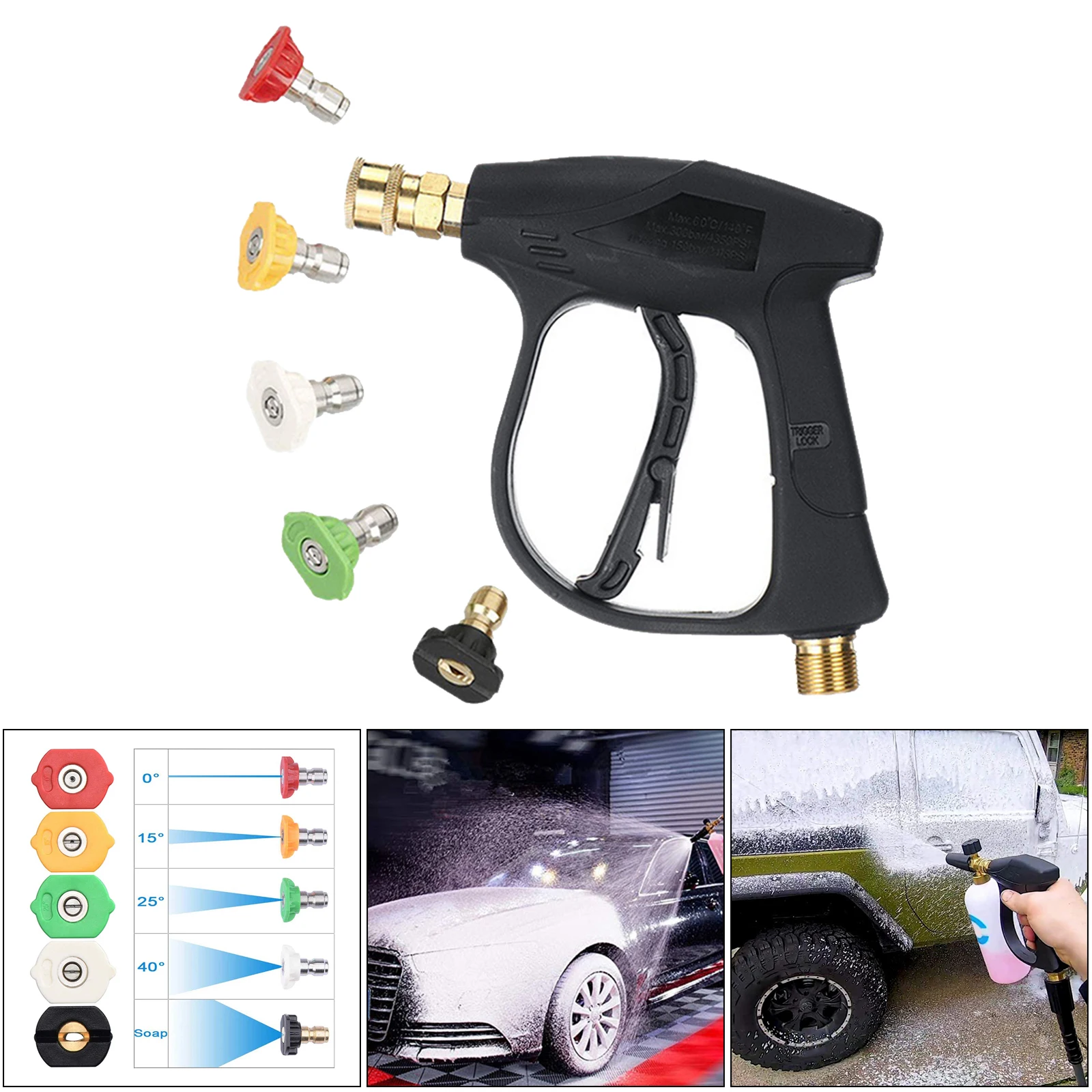 High Pressure Washer Gun 5000 PSI, Replacement for Hot and Cold Water, Pressure Washer Swivel Fitting, 5 Nozzle Tips