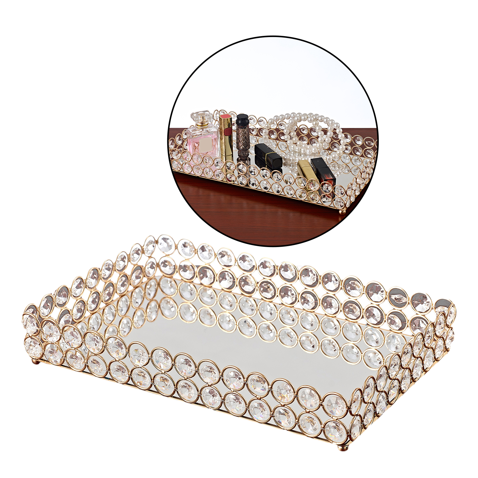3 Size - Mirrored Tray Home Decor Crystal Vanity Makeup Perfume Jewelry Tray