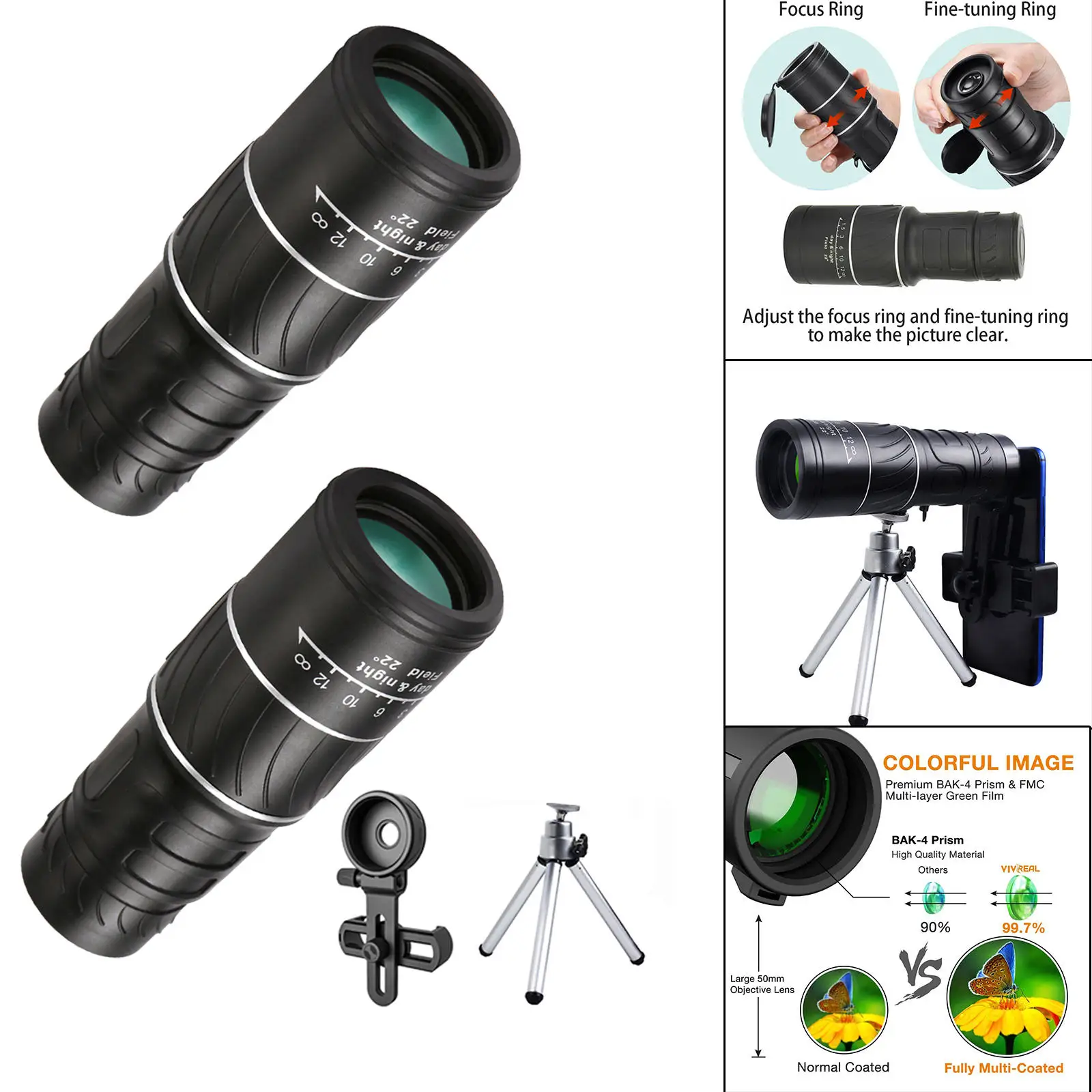 40X60 HD Monocular Telescopes Night , Bak4 Prism and Fully Multi-Coated Lens