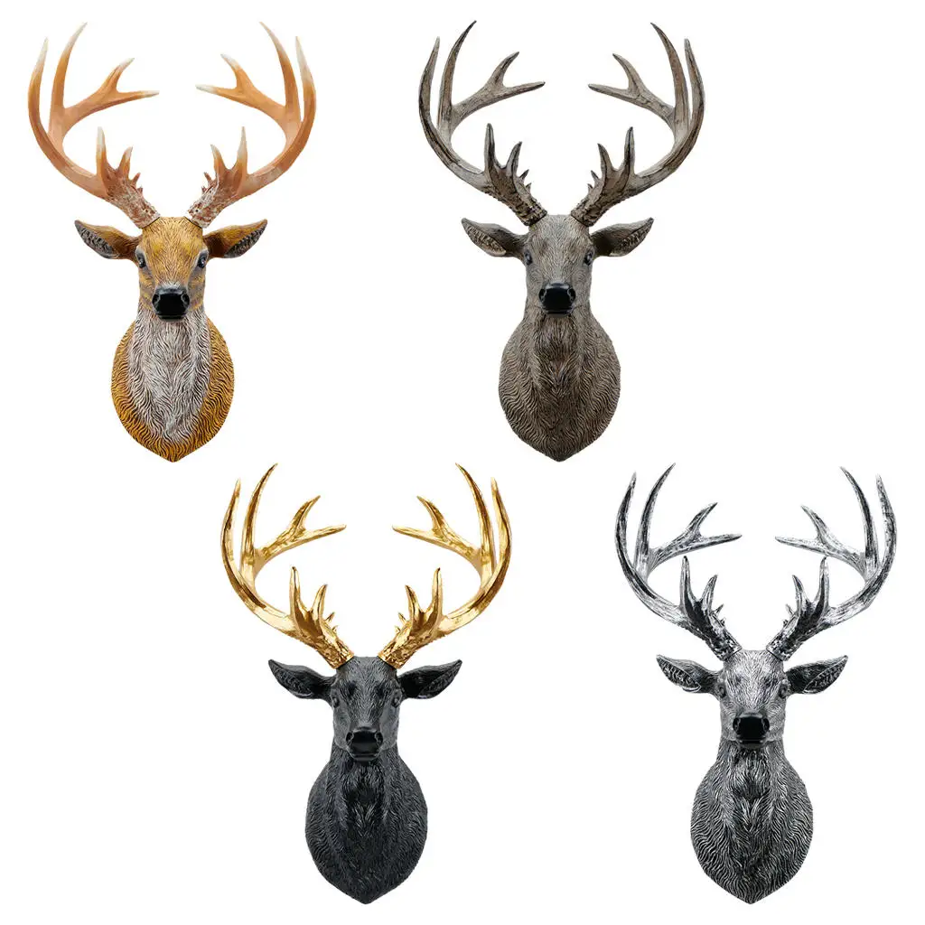 Fake Deer Head Statue Figurines Sculpture Wall Mounted Artwork Craft Antlers Stag 3D Ornament for Gallery Christmas Gift Decor