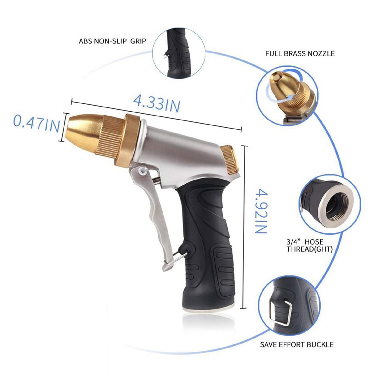 Brass High Pressure Jet Garden Water Hose Spray Nozzle 4 Spray Modes, Durability Leak-Proof