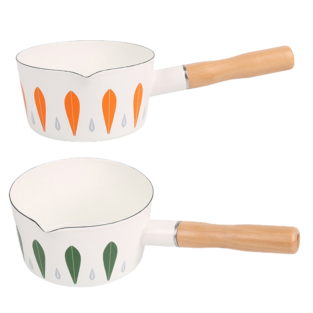 Saucepan 1L Enamel Milk Pot Wooden Handle Small Pot Oil Fryer Kitchen Utensils, No Lid