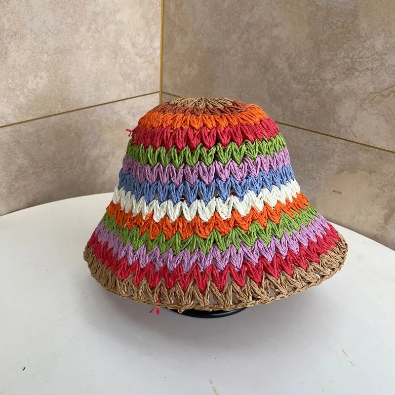 wool bucket hat womens Womens Straw Hat Rainbow Crochet Hand-made Panamas UV Protection Sun Visor Beach Hats Women Visors Foldable Summer Sun Hat frog bucket hat