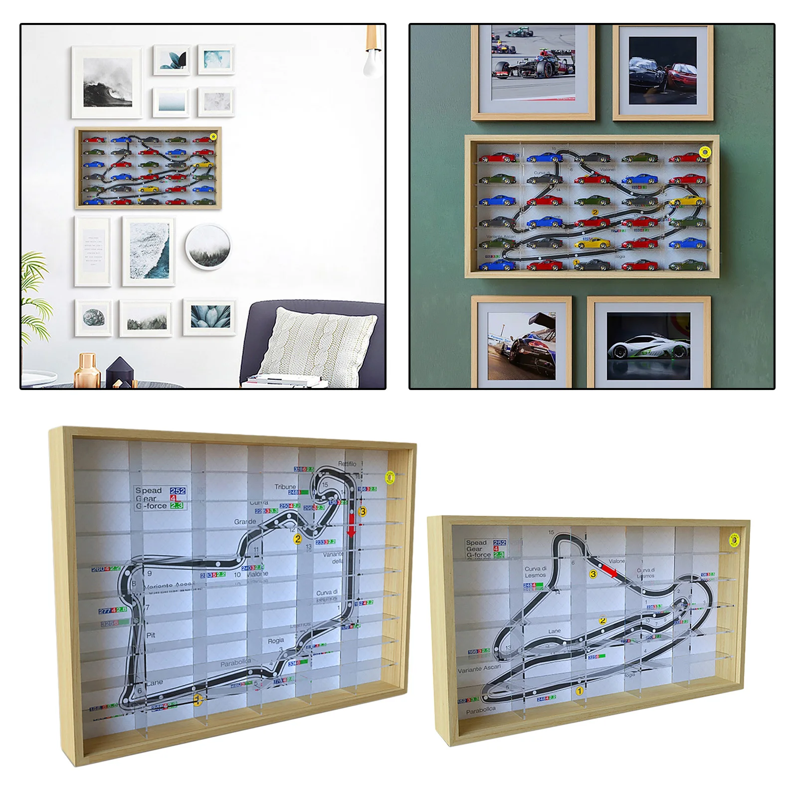 Wall Hanging Display Case with Acrylic Cover & Wood Base, Storage Box, Organizer Compartment for 1/64 Car Model