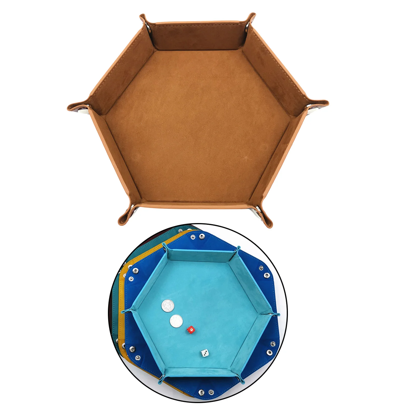 Rolling Folding Hexagon Dice Game Storage Tray Holder Double Sided PU Leather&Velvet Dice Rolling Tray Casino Supplies