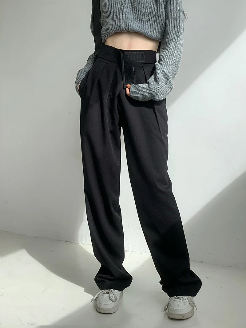 Ha952d0c5b7394d9a9703a455fbeb004a5 - Spring / Autumn High Waist Magic Tape Straight Solid Pants
