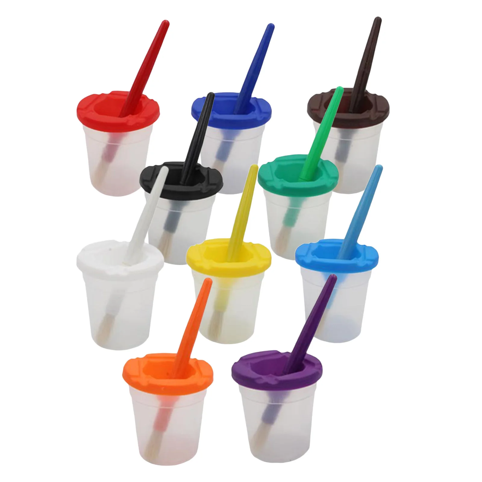 5pcs Spill Proof Paint Cups and 5pcs with Lids Round Paint Brushes for Kids Children`s Paintbrushes
