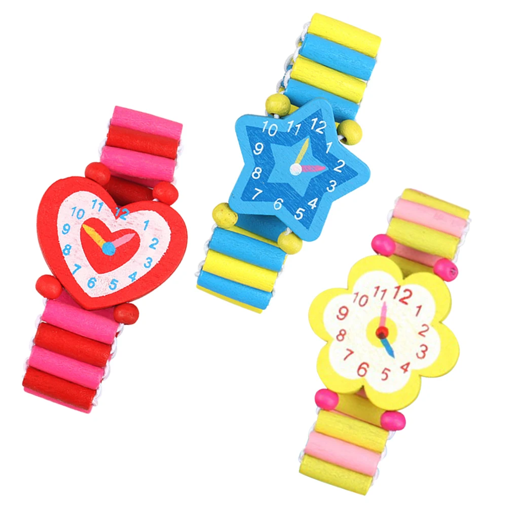 Set of 3 Simulation Wood Wristwatches Crafts Watches Toys for Boys Girs Learning Education Party Favors
