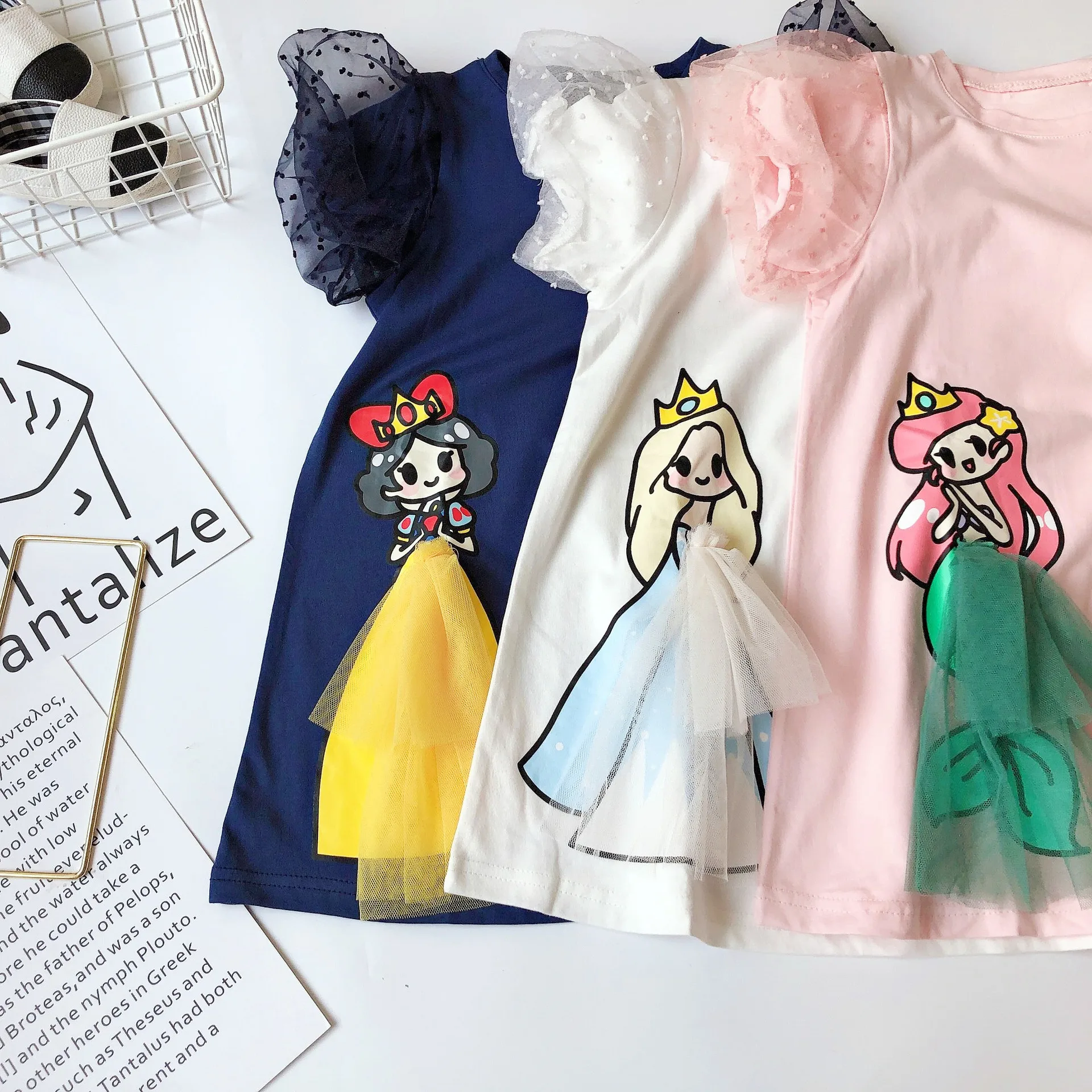 Girl Cartoon Princess Dress Fashion Elsa Snow White Dresses Baby Net Gauze Puff Sleeve Children Korean Style Party Clothing off shoulder dress