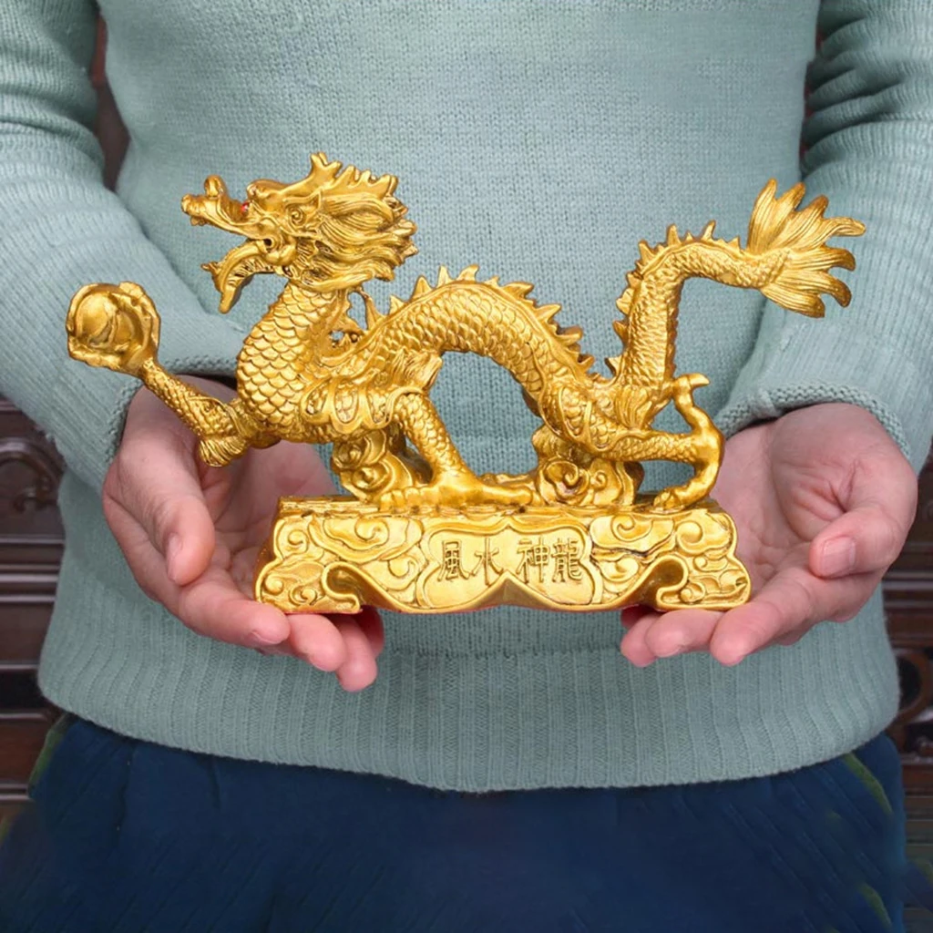 Chinese Dragon Figurine Golden Statue Home Office for Wealth Luck Collection