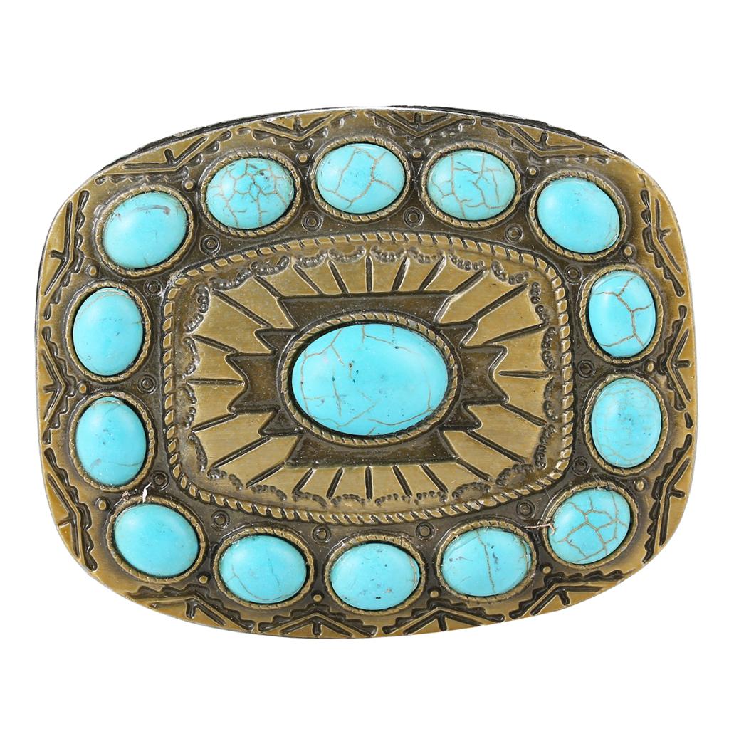 Rodeo Turquoise Bead Belt Buckle Boho Engraved Indian Bronze  Buckles