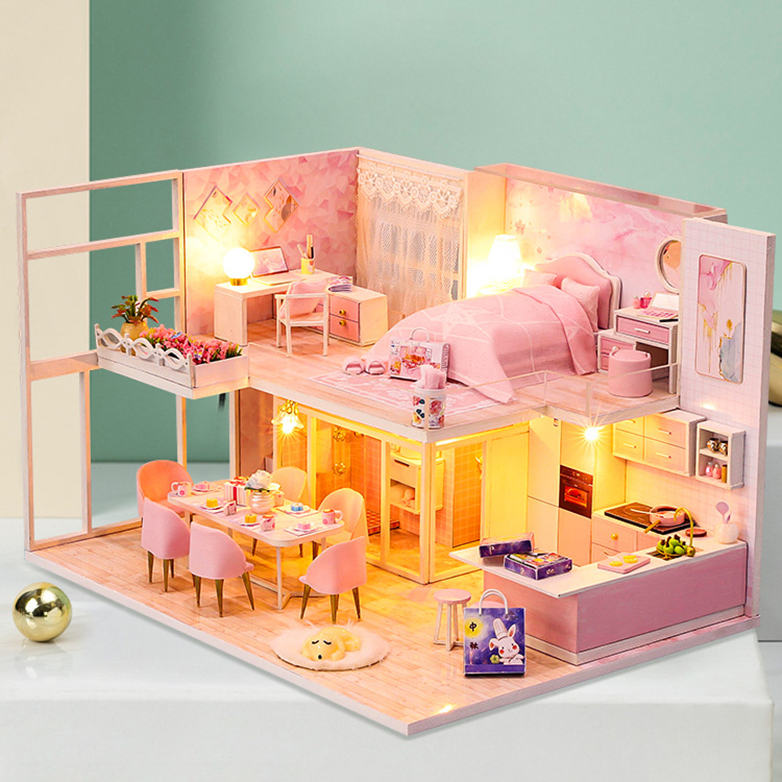 DIY Dollhouse With Furniture Mini Wooden Pink House Bedroom Dustproof Cover