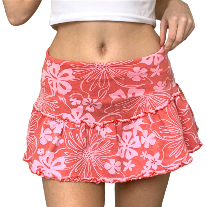 Women's A-Line Mini Skirt 90S High Waist Floral Print Frill Trim Above Knee Short Skirt Y2k Style Skirts Streetwear