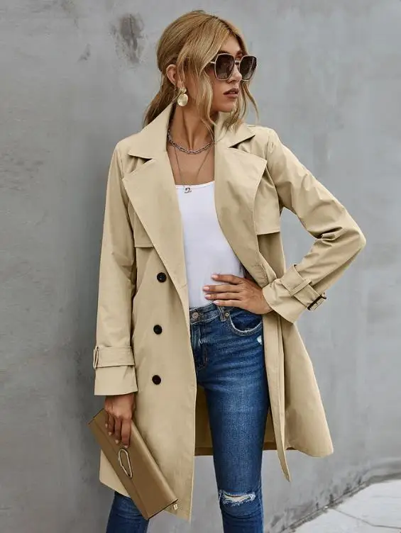 moda feminina casual cor sólida casaco adultos outono elagant manga longa lapela pescoço duplo breasted com cinto trench coat