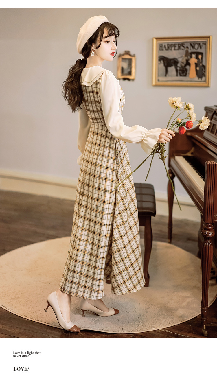 Xadrez do Vintage Vestido de Manga Vestido Feminino Primavera Artístico Plissado Colarinho Completa Emagrecimento Moda Temperamento Elegante Novo 2021 18 High Quality Moda Feminina