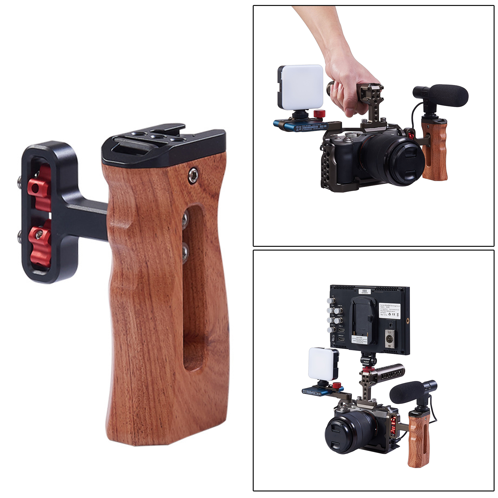 Universal Wood Handle Grip Mount for DV Video Cage Rig w/Cold Shoe 1/4” Thread holes , switch from the left to right quickly.