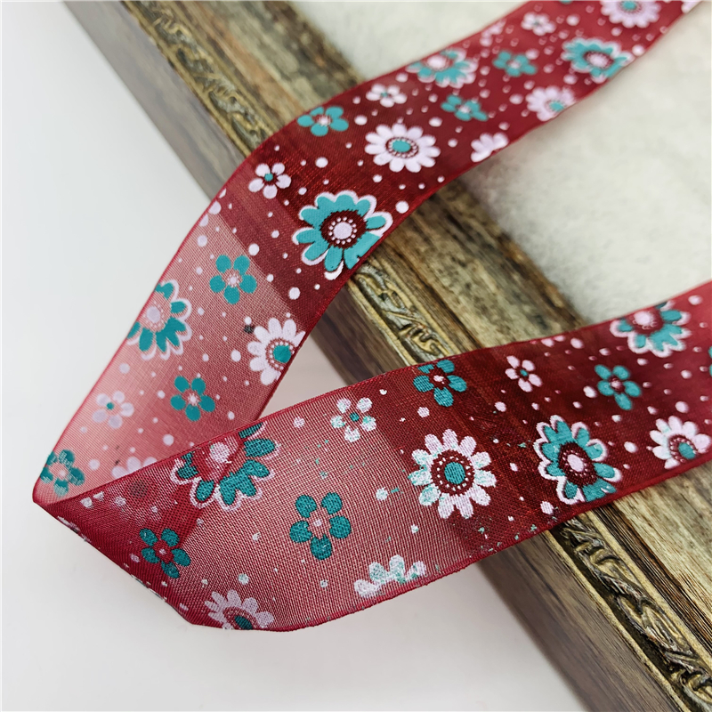 Description Picture 3 of item5yards/Lot 25mm Organza Ribbon Printing Flower Ribbon For Bow Hair Wedding Christmas Decoration Lace Crafts DIY Gift Package