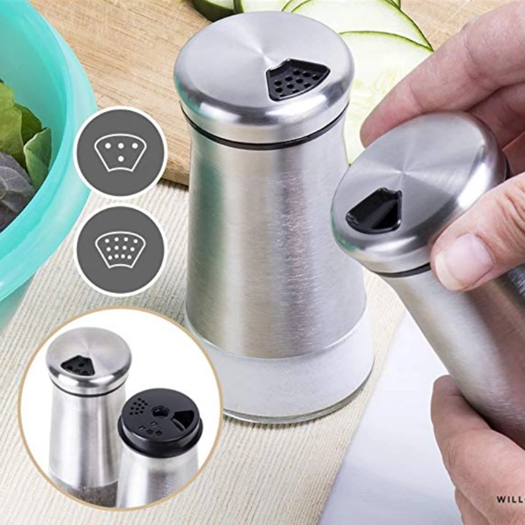 2pcs Stainless Steel Salt and Pepper Shaker with Glass Bottom with Adjustable Pour Holes Spice Dispenser