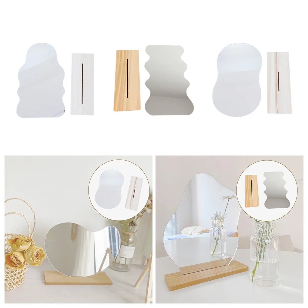 Aesthetic Makeup Mirror Tabletop w/ Wooden Base Decorative Frameless Desktop Cosmetic Mirror Bathroom Vanity Bedroom Home Decor