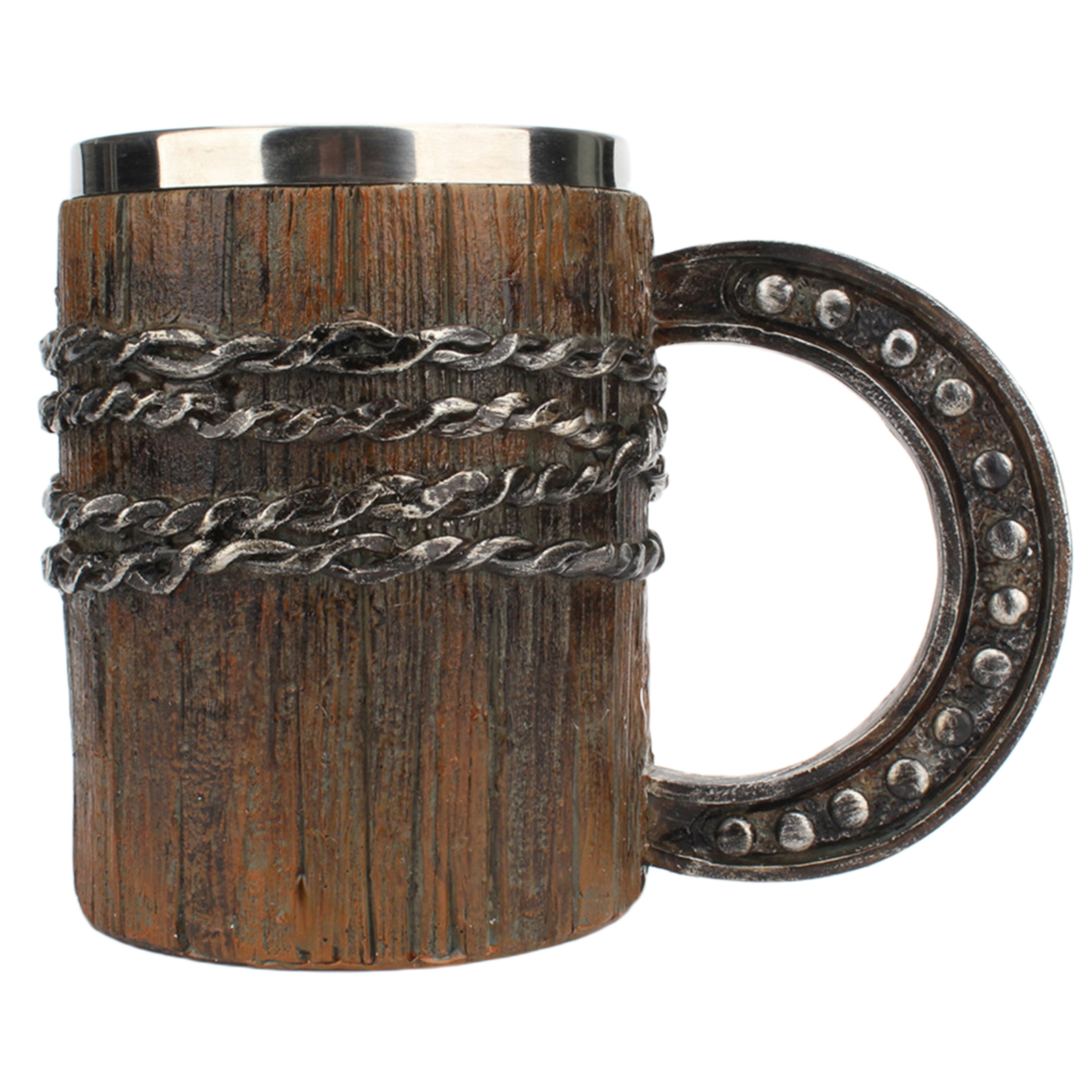 Creative Simulation Wooden Barrel Shape Beer Mug Stainless Steel Drinking Cup with Handle Coffee Drinkware