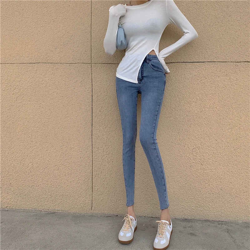 Jeans justo com cintura alta para mulheres,