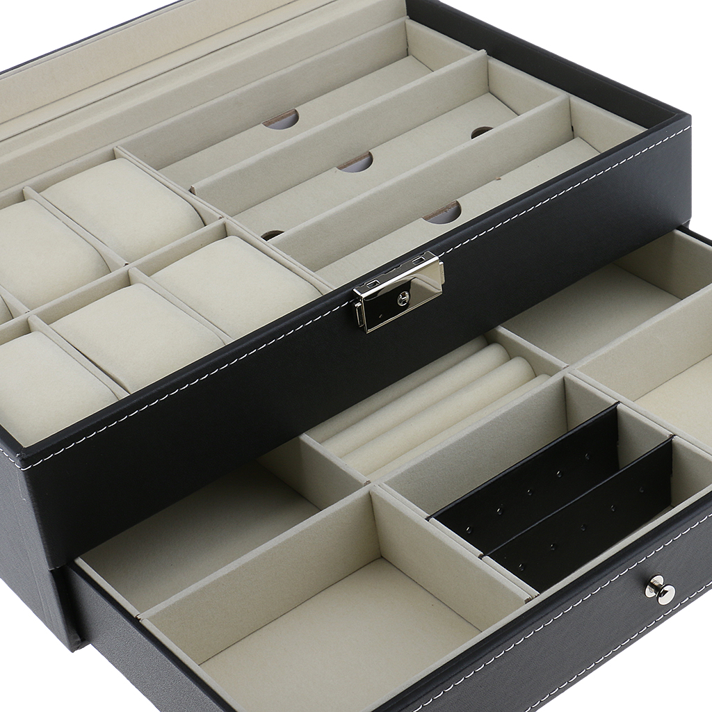 Double layer Glasses And Watch box display case-Leather Portable Storage Box with Transparent glass