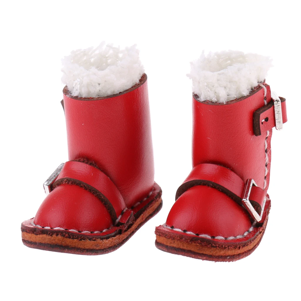 Fashion Shoes PU Leather Mid Calf Buckle Boots for 12`` Blythe Doll - Red