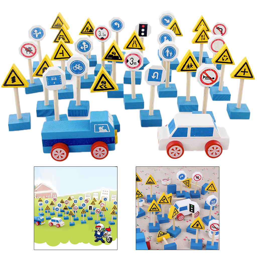 Traffic Signs Wood Wooden Toy Accessories Educational Playset Kids Play Toys