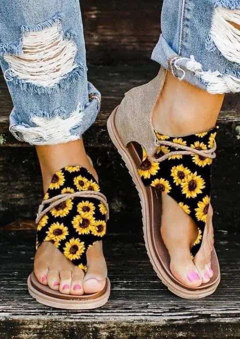 Casual Women's Sandals Plus Size Sunflower Printed Beach Shoes Summer Female Anti-fall Flat Flip Flops Back Zipper Sandals