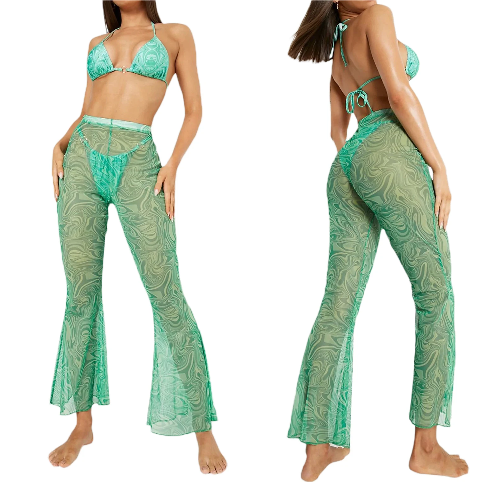 summer beach maxi dresses Sexy Women See-through Beach Pants Cover Ups Flared Printing Mujer See Through High-waisted Belly Loose Long Trousers Swimsuit summer beach maxi dresses