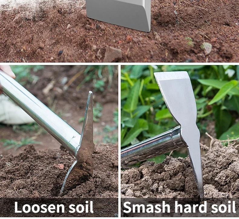 Stainless Steel Garden Hoe Rake Hand Tool,Hoe&3 Prong Cultivator Dual Headed Gardening Tool,Weeding,Digging,Seeding Multipurpose