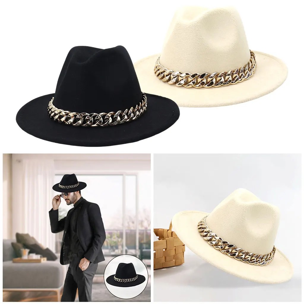 Fashion Wide Brim Fedora Hat with Chain Big Brim Luxury Hat Thick Flat Top Felt Jazz for Women Church Gentleman Outdoors Travel